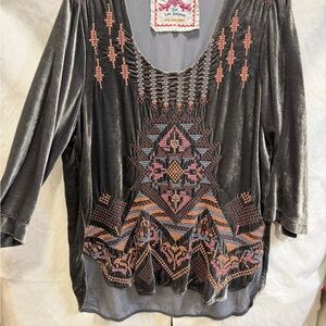 Johnny Was silver gray Velvet Tunic with Multicolor Embroidery